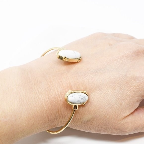 Copper Open Cuff Bangle Oval Faux Marble Stone - Picture 3 of 3